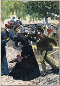 Zabójstwo cesarzowej Elżbiety Austrii (Sissi) przez włoskiego anarchistę Luccheni w Genewie w 1898 r. Ilustracja z 1898 r. Kolekcja prywatna – Zabójstwo cesarzowej Elżbiety Austrii (Sissi) przez włoskiego anarchistę Luigiego Lucheni, w Gen. autorstwa Unknown artist