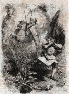 Astolphe zmusza Caligorant do ucieczki - 1851 grawerowanie z „” Furious Roland”” (Orlando furioso) (XVI wiek) przez Ludovico Ariosto, znanego jako Ariosto – wydanie przetłumaczone z włoskiego przez hrabiego Tressan i opublikowane przez Gustave