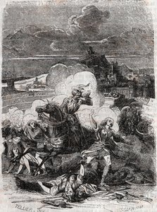 Astolphe sprawia, że kobiety z zabójstw uciekają - 1851 rycina z „” Wściekły Roland”” (Orlando furioso) (XVI w.) Ludovico Ariosto, znanego jako Ariosta – wydanie przetłumaczone z włoskiego przez hrabiego Tressan i opublikowane przez Gustave