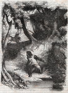 Astolphe na skraju fontanny - rycina z 1851 r. z „”Wściekły Roland”” (Orlando furioso) (XVI w.) Ludovico Ariosto, zwanego Ariosta - Wydanie przetłumaczone z języka włoskiego przez hrabiego Tressan i wydane przez Gustave