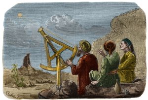 Astronomia: Arabscy naukowcy podnieśli wysokość Słońca na Równinie Babilońskiej około 825. Używają ćwiartki koła z pinnusami. Grawer z 1857 roku w „Le Musee Des Sciences”” autorstwa Unknown artist