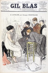 Na warsztatach Georges Courteline. Mężczyzna ogląda kobietę pozującą w warsztacie. W „”Gil Blas””, 18.03.1898. autorstwa Unknown artist