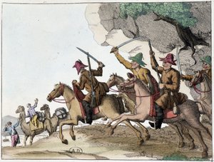 Atak na karawanę wielbłądów przez grupę Kirgizów (turecki lud pochodzenia środkowoazjatyckiego pochodzenia mongolskiego) na koniu, Deb. 19 wiek autorstwa Unknown artist