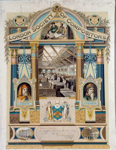 Świadectwo autografu klawisty (operatora druku) wydane przez Society of Claviss of London. Zdobią go portrety Johannesa Gutenberga i Willimy Caxton. Prywatna kolekcja z XIX wieku autorstwa Unknown artist