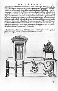 Automatyczny mechanizm zaprojektowany przez Heron z Aleksandrii (Starszego) (I wiek) do otwierania i zamykania drzwi świątyni. Czapla, Spiritalia autorstwa Unknown artist