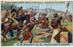 Najazdy barbarzyńców - Podczas przeglądu wojsk księżna Hadwig odbiera w tle zbliżających się mnichów. autorstwa Unknown artist