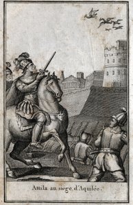 Najazdy barbarzyńców - Attyla (ok. 406-453), król Hunów, podczas oblężenia Akwilei (Akwilei) we Włoszech, 452. Grawer w redige „Beaute de l