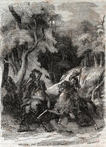 Bitwa między Rolandem a Ferragusem - rycina z 1851 r. z „Wściekły Roland” (Orlando furioso) (XVI w.) Ludovico Ariosto, zwanego Ariosta - Wydanie przetłumaczone z języka włoskiego przez hrabiego Tressan i wydane przez Gustave