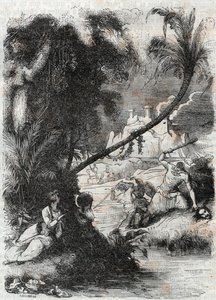Bitwa pod Gryfem i Aquilantem przeciwko Orrile - rycina z 1851 r. z „Wściekły Roland” (Orlando furioso) (XVI w.) Ludovico Ariosto, znanego jako Ariosta - Wydanie przetłumaczone z języka włoskiego przez hrabiego Tressan i wydane przez Gustave