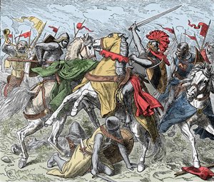 Bitwa nad Elster: Rudolf Szwabski śmiertelnie ranny - Bunt Sasów (1073-1075): Rodolf z Rheinfelden (ok. 1025-1080), książę Szwabii i antyking Rzymian zostaje śmiertelnie ranny w bitwie pod Elster, przeciwko wojskom Henryka IV z autorstwa Unknown artist