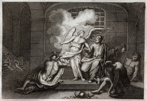 Biblia Royaumont, Nowy Testament: Św. Piotr Delivre z więzienia. Święty Piotr zostaje zwolniony z więzienia nocą przez Anioła. Ilustracja z 1811 roku. autorstwa Unknown artist