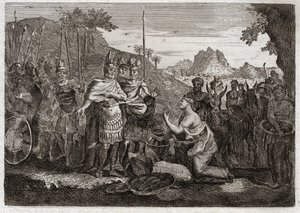 Biblia Royaumont, Stary Testament: Abigail. Abigail, żona Nabala, swoją mądrością łagodzi gniew Dawida. Ilustracja z 1811 roku. autorstwa Unknown artist