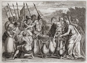 Biblia Royaumont, Stary Testament: Abraham uwalnia Lotha. Abraham ratuje swojego siostrzeńca Lotha z rąk wrogów. Arcykapłan Melchizedek (Melchizedek lub Melchizedek lub Melchizedek lub Melchizedek lub Melchizedek) benit. Król Sodomy zaproponował mu autorstwa Unknown artist