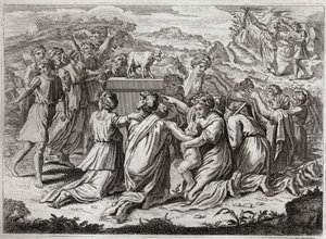 Biblia Royaumont, Stary Testament: Adoracja Złotego Cielca. Mojżesz widząc Hebrajczyków i złotego cielca łamie Tablice Prawa. Ilustracja z 1811 roku. autorstwa Unknown artist