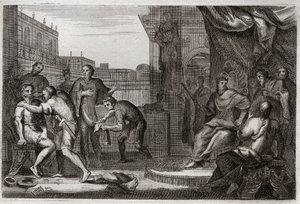 Biblia Royaumont, Stary Testament: Ambasadorowie Dawida. Dawid wysłał Joaba przeciwko Ammonitom, aby zemścił się za zniewagę, jaką Hanon, ich książę, wyrządził swoim ambasadorom, których wziął za szpiegów. Ilustracja z 1811 roku. autorstwa Unknown artist