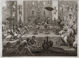 Biblia Royaumont, Stary Testament: Baltazar potępia. Król Baltazar (Belshatsar) widzi przy stole rękę, która w trzech słowach pisze koniec jego zdania. Ilustracja z 1811 roku. autorstwa Unknown artist
