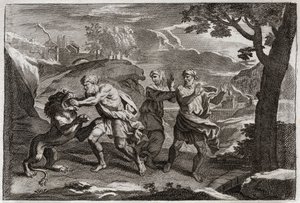 Biblia Royaumonta, Stary Testament: Narodziny Samsona. Samson rozrywa lwa na kawałki. Ilustracja z 1811 roku. autorstwa Unknown artist