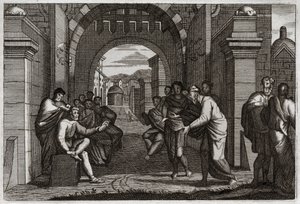 Biblia Royaumont, Stary Testament: Boaz (Booz), bliski krewny Rut, żona zgodnie z rozporządzeniem Prawa. Ilustracja z 1811 roku. autorstwa Unknown artist