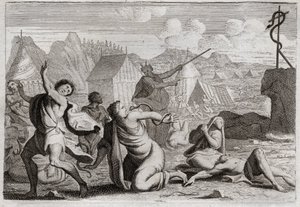 Biblia Royaumont, Stary Testament: Miedziany Wąż. Lud szemrzący przeciwko Bogu i przeciwko Mojżeszowi jest karany przez węże ogniste; z którego zostali zranieni przez węża miedzianego, którego Mojżesz wzbudził, aby był widoczny dla całego ludu. Ilustracja autorstwa Unknown artist