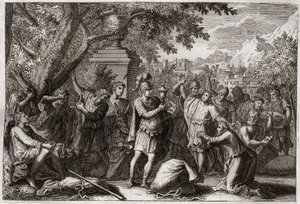 Biblia Royaumont, Stary Testament: Bracia Józefa. Józef ma swoich braci w więzieniu. Ilustracja z 1811 roku. autorstwa Unknown artist