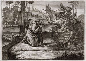 Biblia Royaumont, Stary Testament: Płonący krzew. Bóg przemawia do Mojżesza ze środka płonącego krzewu. Ilustracja z 1811 roku. autorstwa Unknown artist