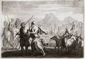 Biblia Royaumont, Stary Testament: Powołanie Abrahama. Bóg wzywa Abrahama i nakazuje mu opuścić ziemię Chaldejczyków i wejść do ziemi, którą obiecał mu dać. Ilustracja z 1811 roku. autorstwa Unknown artist