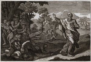 Biblia Royaumont, Stary Testament: Dzieci pożerają niedźwiedzie. Dzieci śmiejące się z łysiny Elizeusza są rozdzierane przez niedźwiedzie. Ilustracja z 1811 roku. autorstwa Unknown artist