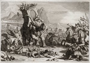 Biblia Royaumont, Stary Testament: Odwaga Eleazara. Seleucydzki król Antiochos V Eupator, syn bezbożnego Antiochosa IV Epifana (175-164 pne), walczył po śmierci ojca z Judaszem Machabeuszem (Machabe, Macabee). Nadzwyczajna akcja Ele autorstwa Unknown artist