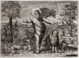 Biblia Royaumont, Stary Testament: Stworzenie Świata. Bóg ciągnie niebo i ziemię znikąd iw ciągu sześciu dni zdobi je i ludzi wszelkiego rodzaju stworzeń. Ilustracja z 1811 roku. autorstwa Unknown artist
