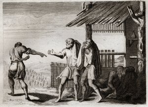 Biblia Royaumont, Stary Testament: Przeklęty Cham jego Ojca (pijaństwo Noe). Cham, drugie z dzieci Noego, widzi swojego ojca w nieprzyzwoitej postawie, nie dba o to i zostaje na niego przeklęty. Ilustracja z 1811 roku. autorstwa Unknown artist