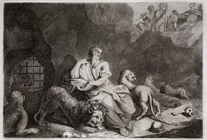 Biblia Royaumont, Stary Testament: Daniel w jamie lwów. Daniel zostaje wrzucony do dołu Lwów i cudem jest pijany. Ilustracja z 1811 roku. autorstwa Unknown artist