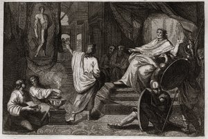 Biblia Royaumont, Stary Testament: prorok Daniela. Prorok Daniel objawia królowi Nabuchodonozorowi II sen, który miał, i wyjaśnia mu, co miał na myśli. Ilustracja z 1811 roku. autorstwa Unknown artist