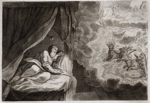 Biblia Royaumont, Stary Testament: wizja Daniela czterech monarchii Asyryjczyków, Persów, Greków i Rzymian. Widzą cztery potwory: Haniel, Kafziel, Azriel, Aniel. Ilustracja z 1811 roku. autorstwa Unknown artist