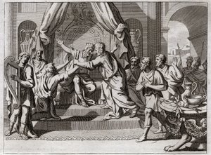Biblia Royaumont, Stary Testament: Dawid gra na harfie. Saul odrzucony od Boga zostaje porwany przez złego ducha. Szukamy człowieka, który umie grać na harfie, by ulżyć mu w złu. Ilustracja z 1811 roku. autorstwa Unknown artist