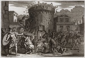 Biblia Royaumont, Stary Testament: Śmierć Abimelecha. Abimelech (Abimelec lub Ahimelech lub Ahimelek) zostaje zabity przez kobietę, która rozbija go kamieniem podczas oblężenia Tebetz. Ilustracja z 1811 roku. autorstwa Unknown artist