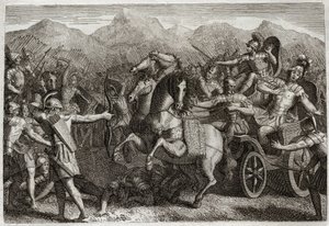 Biblia Royaumont, Stary Testament: Śmierć Achaba. Achab (Achab) prowadził wojnę przeciwko Syrii i został zabity przypadkową strzałą. Ilustracja z 1811 roku. autorstwa Unknown artist