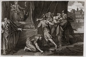 Biblia Royaumont, Stary Testament: Śmierć Eleazara. Stary święty Eleazar został zabity z rozkazu Antiochosa IV Epifane (175-164 pne), ponieważ nie chciał udawać, że je bronione mięso. Ilustracja z 1811 roku. autorstwa Unknown artist