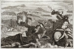 Biblia Royaumont, Stary Testament: Śmierć Judasza. Klęska Demetriosa I Sotera i Nicanora. Śmierć Judasza Machabeusza (Machabe, Macabee) w bitwie. Ilustracja z 1811 roku. autorstwa Unknown artist
