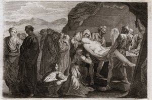 Biblia Royaumont, Stary Testament: Śmierć Sary. Sara (Sara) umiera. Abraham, aby go pochować, kupił grób w mieście Geth. Ilustracja z 1811 roku. autorstwa Unknown artist