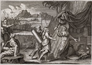 Biblia Royaumont, Stary Testament: Śmierć Sisary. Yael (Jael) zabija głowę armii kananejskiej Sisra (Sisera lub Sisara). Ilustracja z 1811 roku. autorstwa Unknown artist