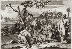 Biblia Royaumont, Stary Testament: Śmierć złego Antiocha. Przerażająca śmierć króla Antiocha IV Epifana (175-164 pne) po upadku konia. Ilustracja z 1811 roku. autorstwa Unknown artist