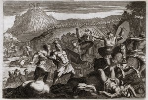 Biblia Royaumont, Stary Testament: Klęska Amaleka (Amalek). Mojżesz odniósł zwycięstwo nad Amalekitami, trzymając ręce wysoko w niebie. Ilustracja z 1811 roku. autorstwa Unknown artist