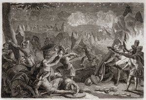 Biblia Royaumont, Stary Testament: Klęska Midianitów przy dźwiękach trąb i światłach lamp. Ilustracja z 1811 roku. autorstwa Unknown artist
