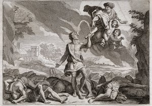 Biblia Royaumont, Stary Testament: Klęska Filistynów. Samson zabija osła szczęką tysiąc Filistynów. Bóg sprawia, że woda wypływa ze szczęk, aby Samson mógł ugasić pragnienie. Ilustracja z 1811 roku. autorstwa Unknown artist