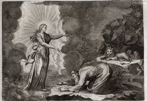 Biblia Royaumont, Stary Testament: Wyzwolenie Daniela. Daniel w jaskini lwów jest cudownie pijany. Ilustracja z 1811 roku. autorstwa Unknown artist