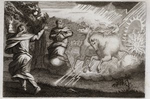 Biblia Royaumont, Stary Testament: Eliasz jest zachwycony niebem. Eliasz zostaje zabrany do nieba w rydwanie ognia w obecności swego ucznia. Elisee otrzymuje od niego swój podwójny umysł: dzieli wody Jordanu płaszczem Eliasza. Ilustr autorstwa Unknown artist