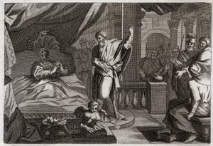 Biblia Royaumont, Stary Testament: Ezechiasz otrzymuje zdrowie. Król Ezechiasz zachorował po śmierci, otrzymał zdrowie i kolejne piętnaście lat życia. Prorok Izajasz (Izajasz) ogłasza swoją wojnę: znakiem będzie cofnięcie cienia zegara o dziesięć stopni autorstwa Unknown artist