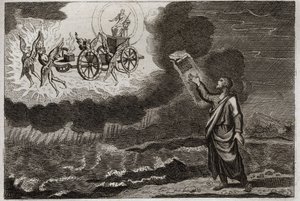 Biblia Royaumont, Stary Testament: prorok Ezechiel. Św. Prorok miał wizję, w której Pan ukazał mu się na wozie niesionym przez czterech cherubinów (tetramorfy). Ilustracja z 1811 roku. autorstwa Unknown artist