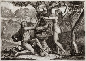 Biblia Royaumont, Stary Testament: Upadek Adama. Demon pod twarzą węża przemawia do Ewy, a namiot do jedzenia zakazanego owocu: Ewa upada, a także powoduje upadek Adama. Ilustracja z 1811 roku. autorstwa Unknown artist