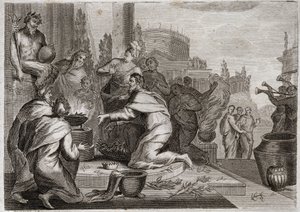 Biblia Royaumont, Stary Testament: Upadek Salomona. Salomon jest zepsuty przez kobiety i ofiarowuje kadzidło bożkom fałszywych bogów. Jego śmierć. Ilustracja z 1811 roku. autorstwa Unknown artist
